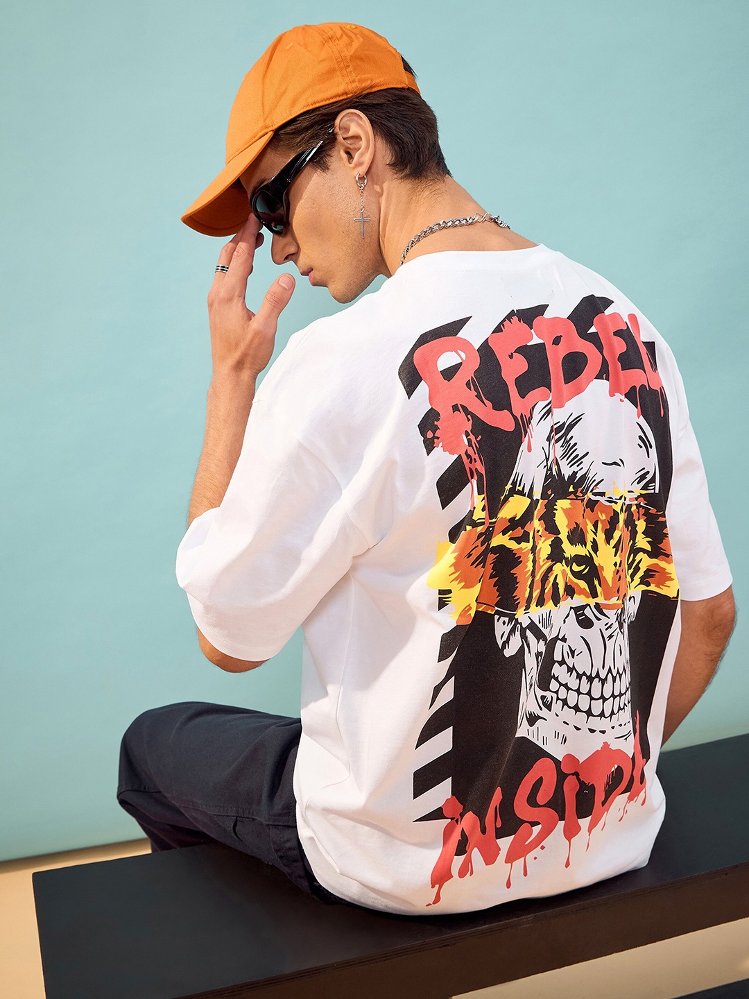 

MASCLN SASSAFRAS Unisex White Graphic Printed Round Neck Cotton Oversize T-shirt