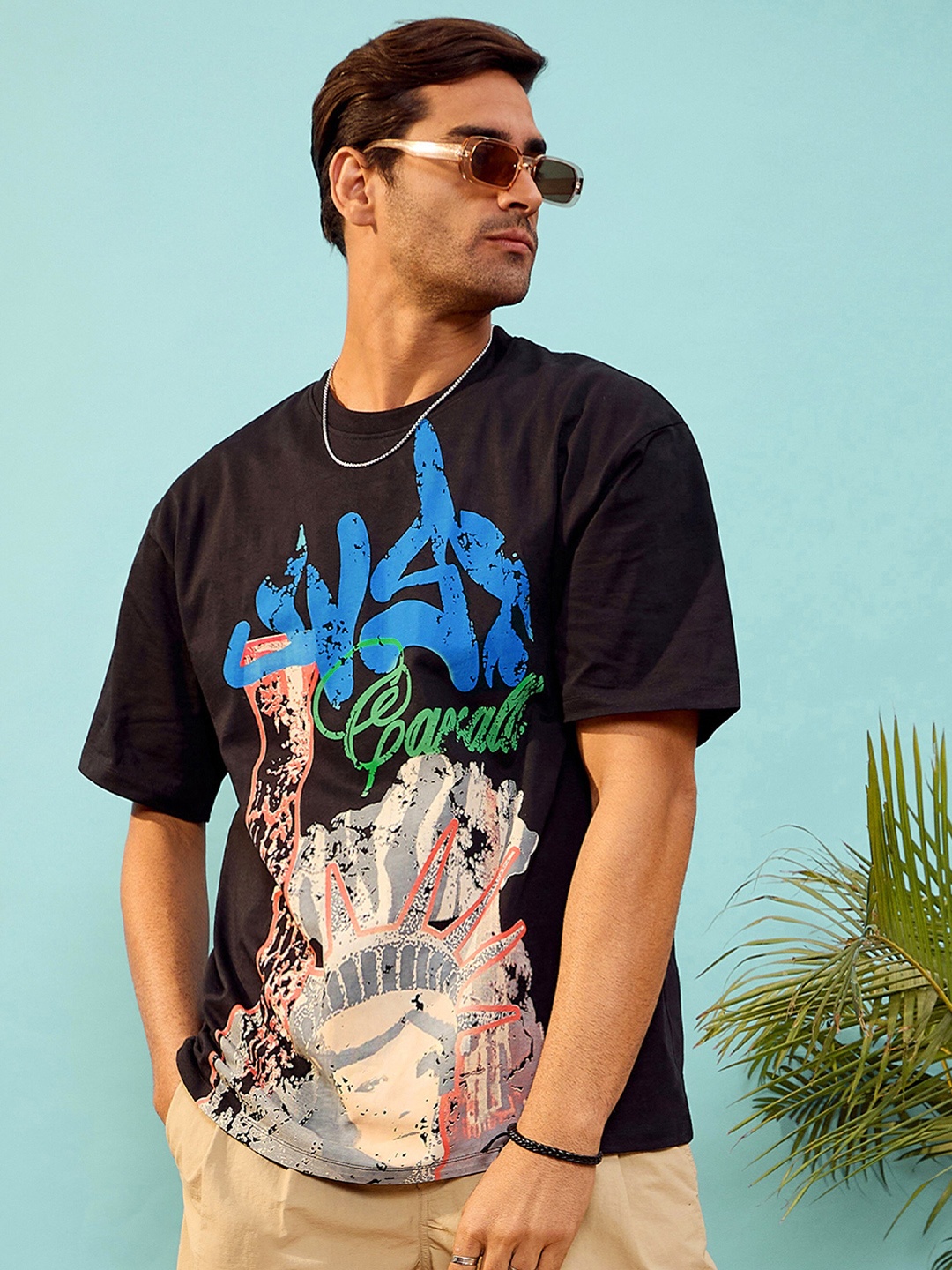 

MASCLN SASSAFRAS Unisex Black Round Neck Graphic Printed Oversize T-shirt