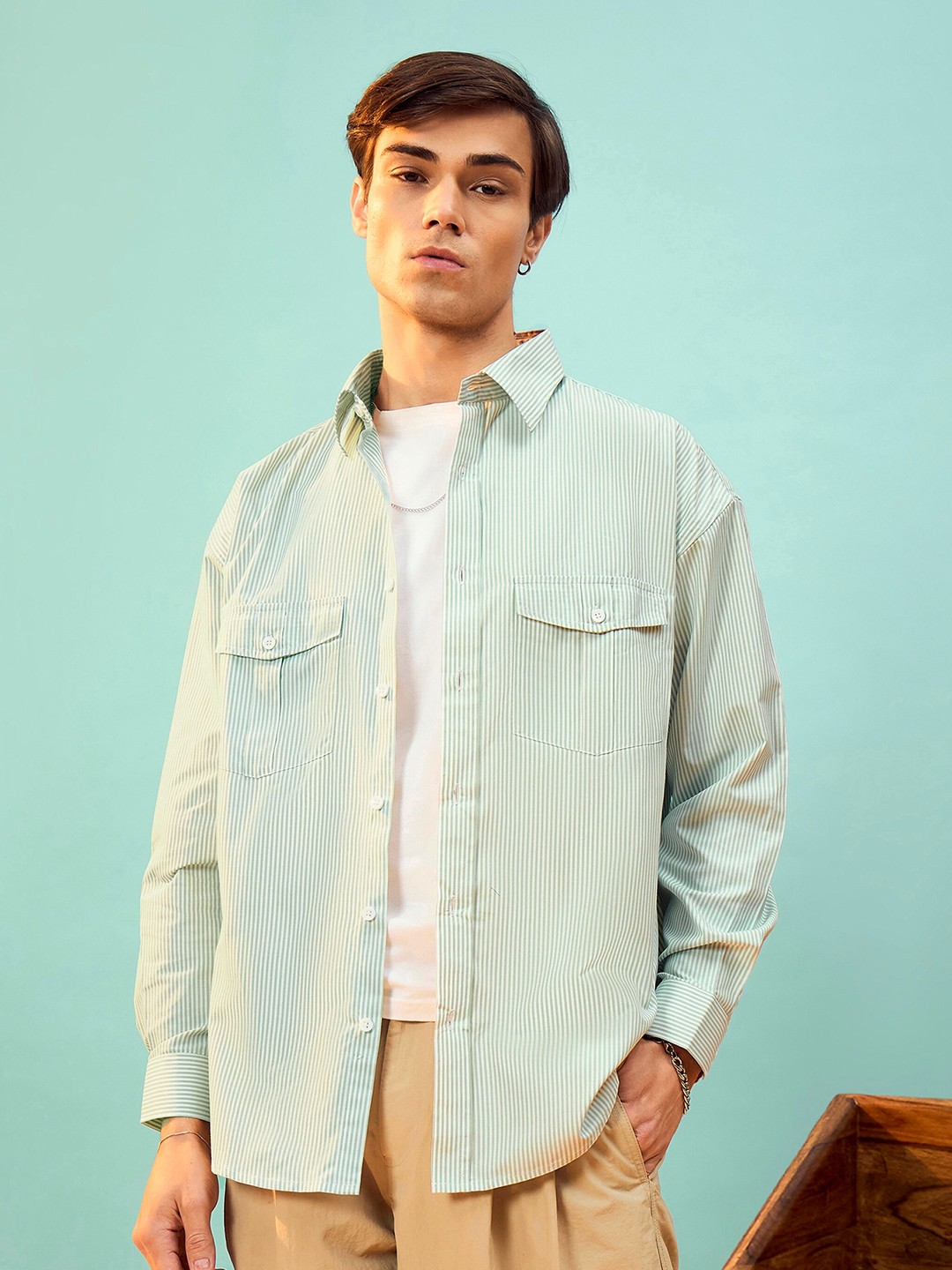 

MASCLN SASSAFRAS Green & White Vertical Striped Relaxed Oversize Shirt