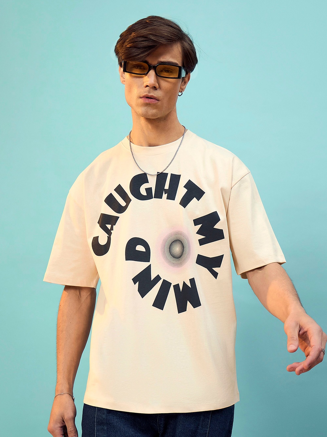 MASCLN SASSAFRAS Unisex Oversized Typography Printed Cotton T-shirt, Beige