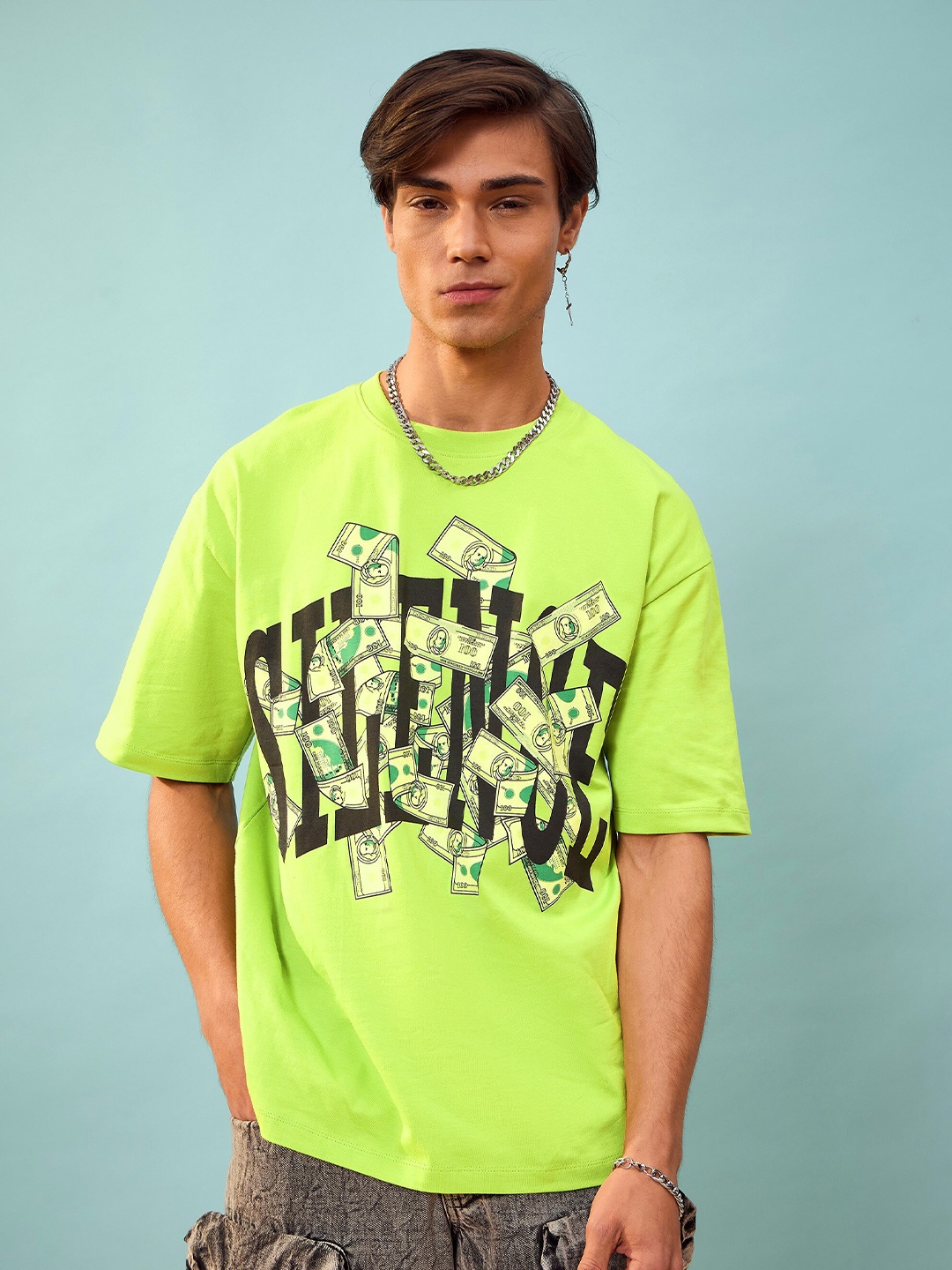 

MASCLN SASSAFRAS Unisex Green Typography Printed Cotton Oversize T-Shirt