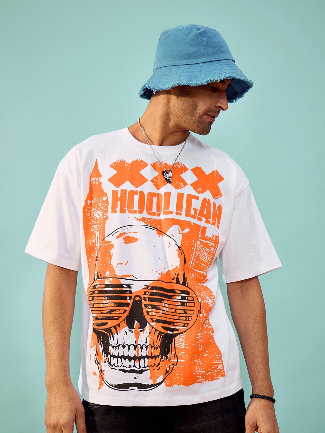 

MASCLN SASSAFRAS Unisex White Graphic Printed Cotton Oversize T-Shirt