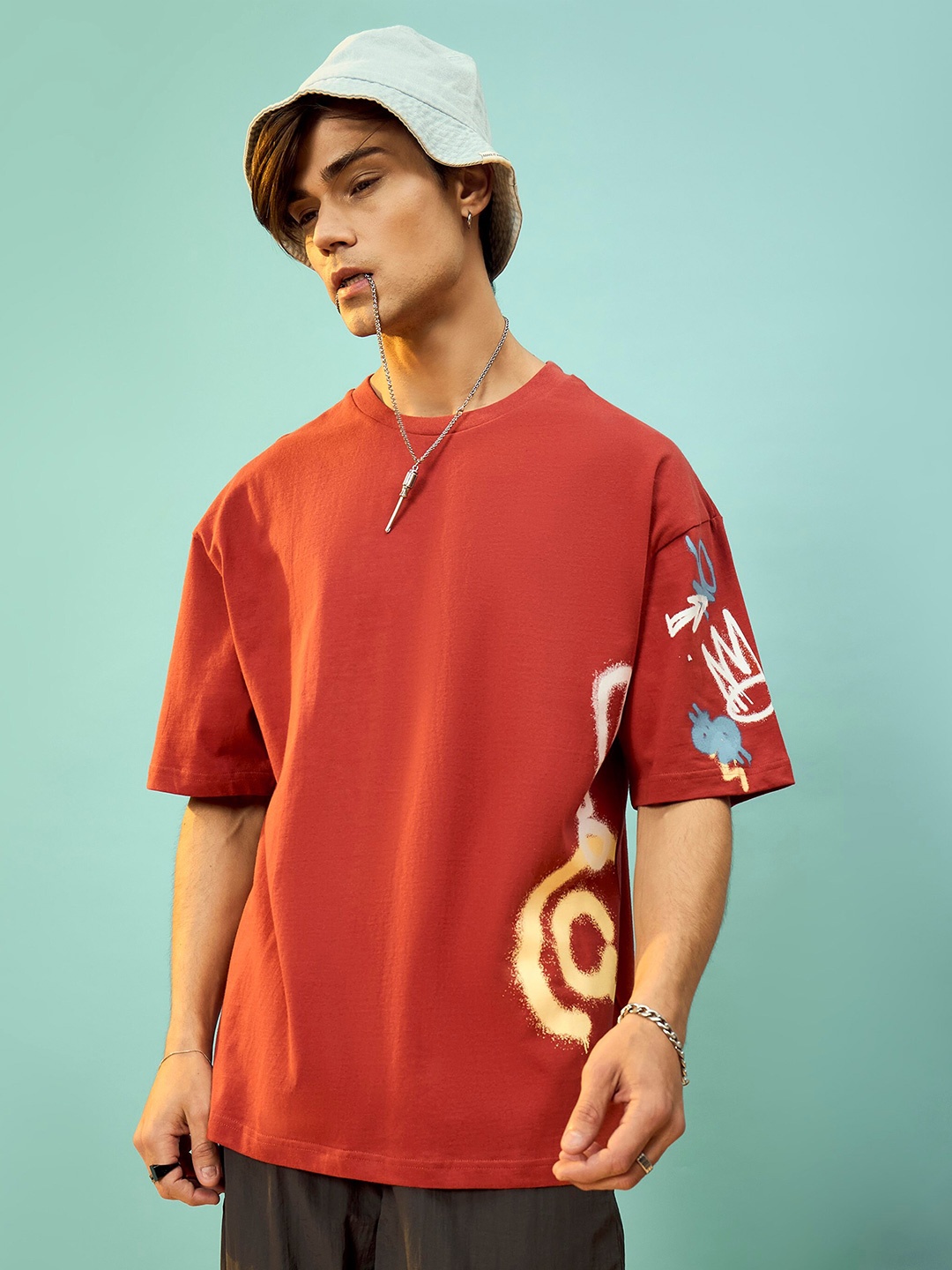 

MASCLN SASSAFRAS Unisex Round Neck Graphic Printed Cotton Oversize T-shirt, Rust