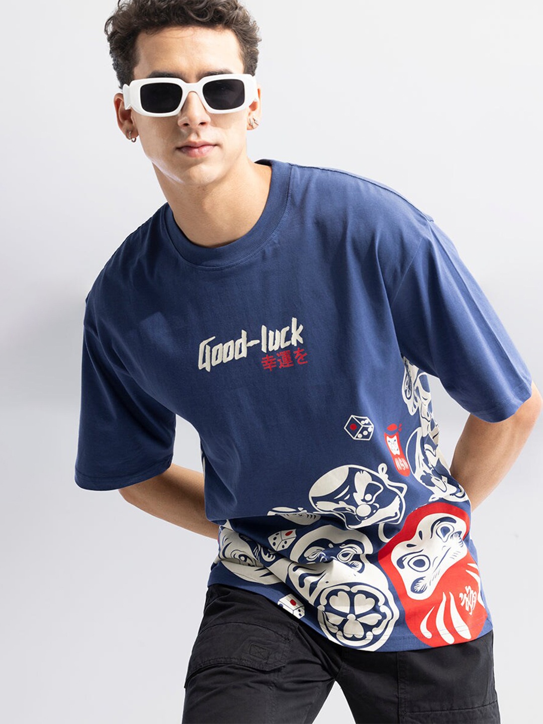 

Snitch Blue & White Typography Printed Cotton Oversized T-shirt