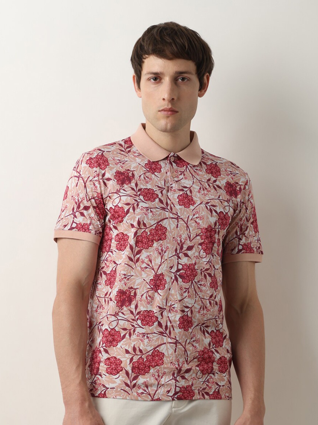 

SELECTED Floral Printed Polo Collar Cotton Slim Fit T-shirt, Pink