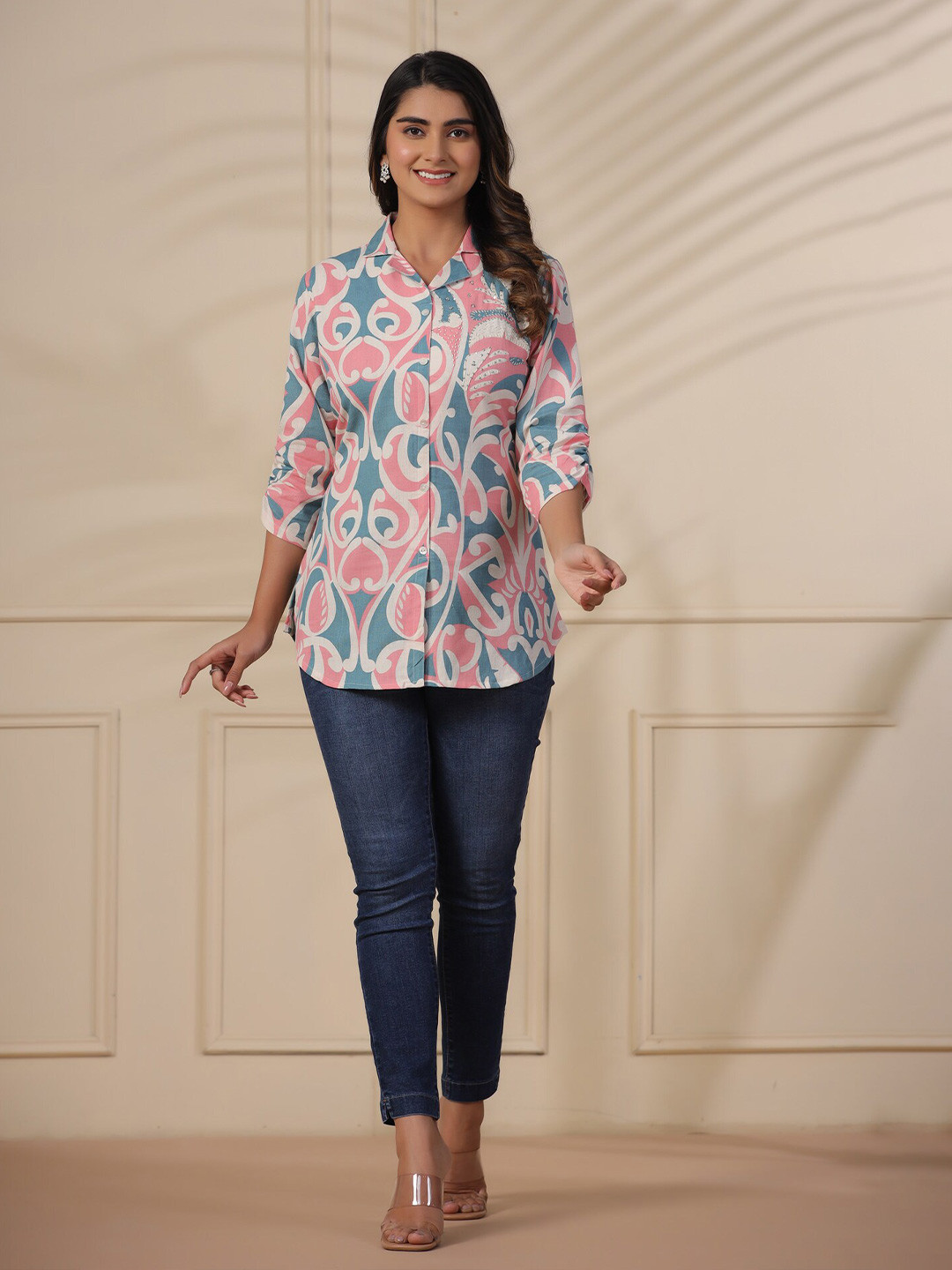 

JISORA Geometric Printed Cuffed Sleeves Pure Cotton Shirt Style Top, Pink