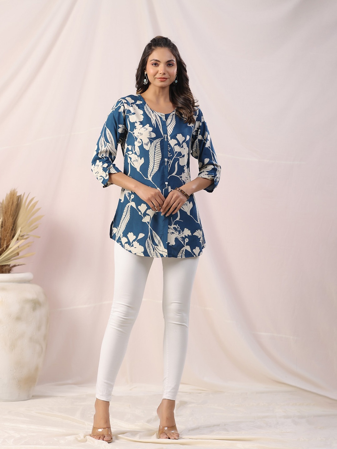 

JISORA Floral Print Kimono Sleeve Pure Silk Lace Top, Blue