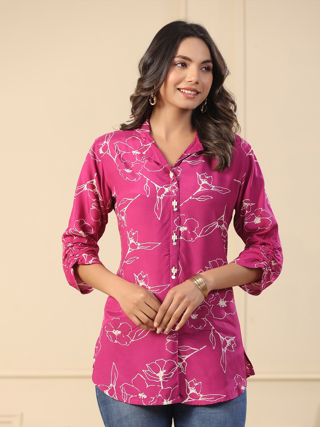 

JISORA Floral Printed Lapel Collar Pure Silk Shirt Style Top, Pink