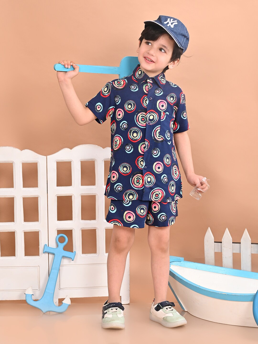 

Superminis Boys Printed Shirt with Shorts, Navy blue