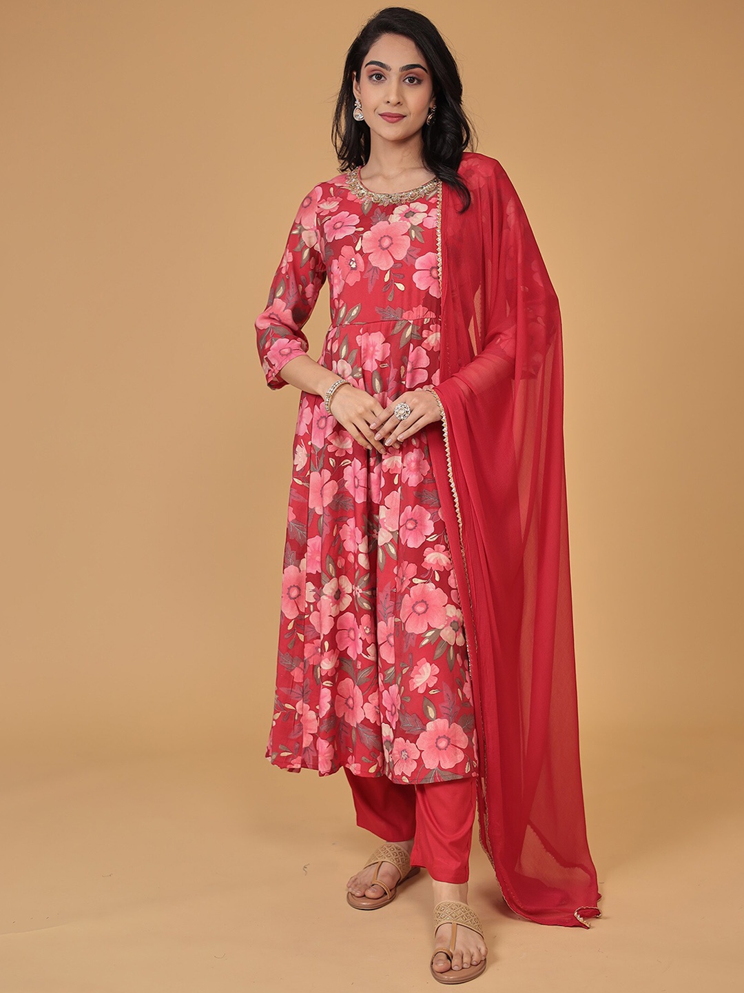 

ZARI Women Ethnic Motifs Printed Empire Kurta with Trousers & With Dupatta, Red