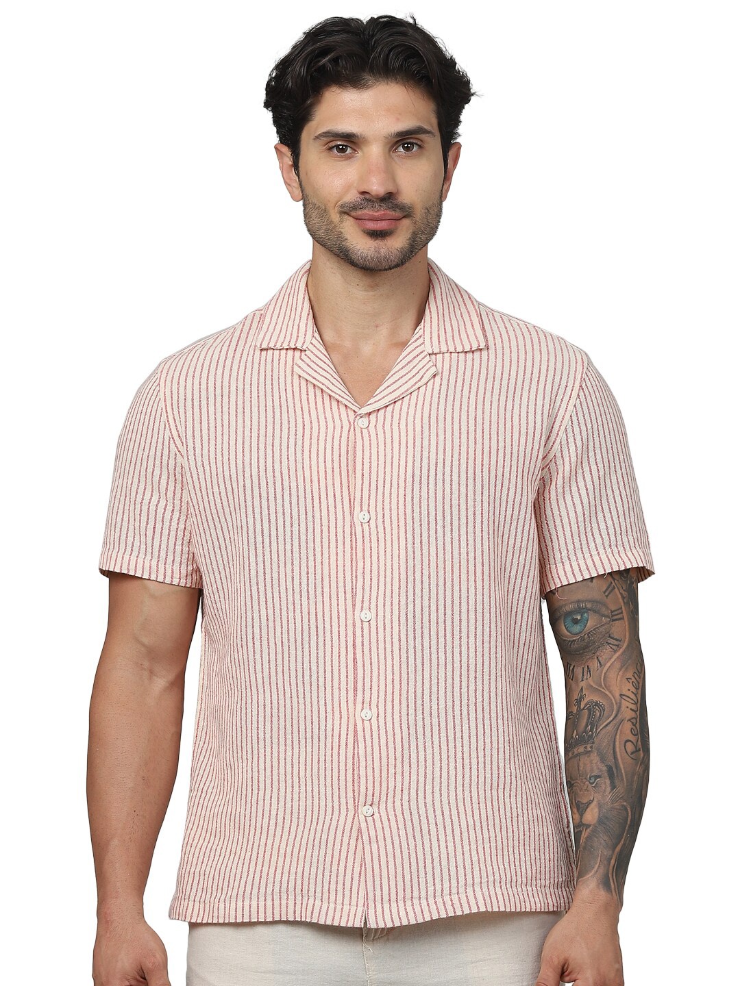 

Celio Classic Striped Spread Collar Short Sleeves Cotton Casual Shirt, Red