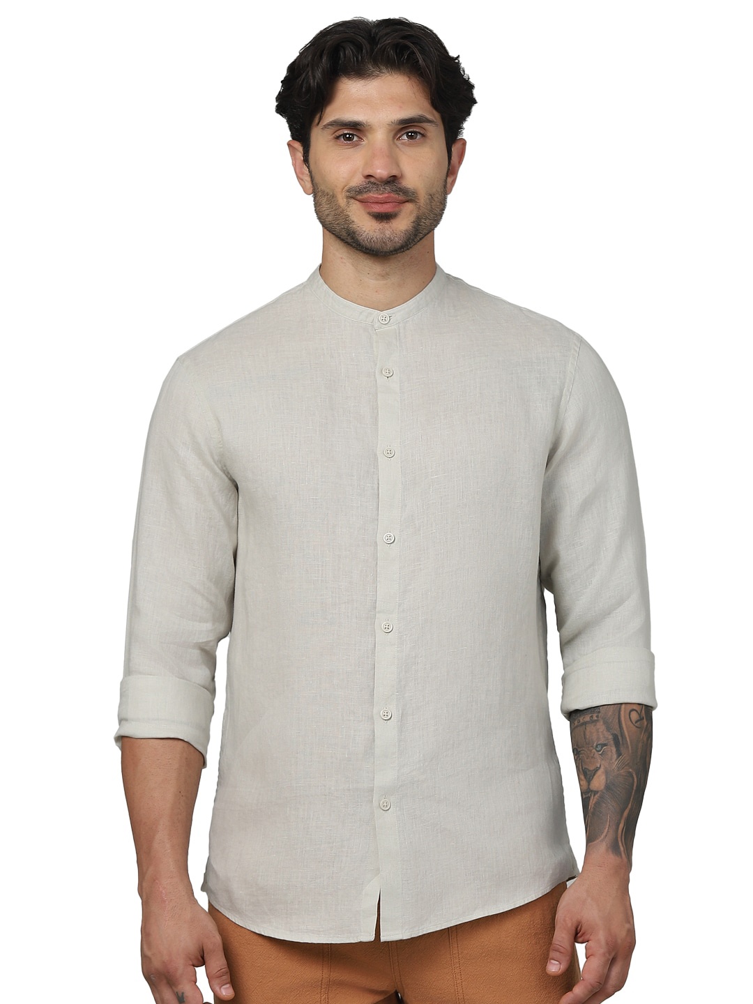 

Celio Classic Mandarin Collar Long Sleeves Linen Casual Shirt, Beige