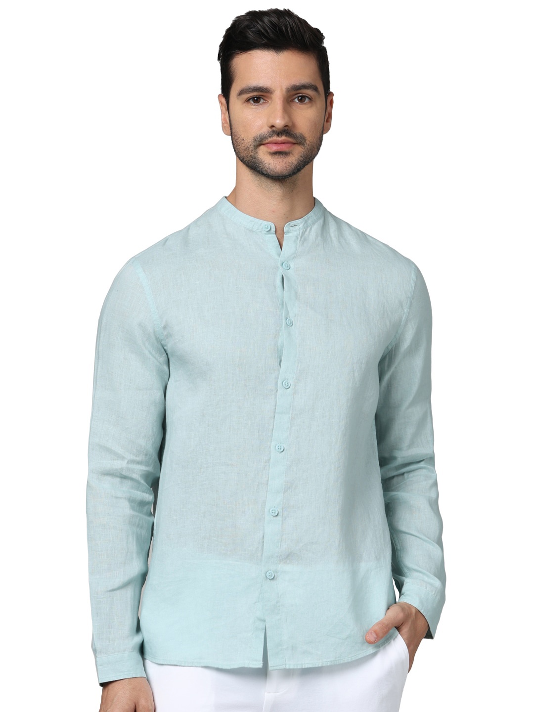 

Celio Classic Mandarin Collar Long Sleeves Linen Casual Shirt, Green