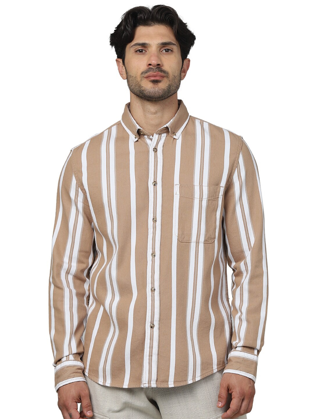 

Celio Classic Striped Spread Collar Long Sleeves Cotton Casual Shirt, Brown