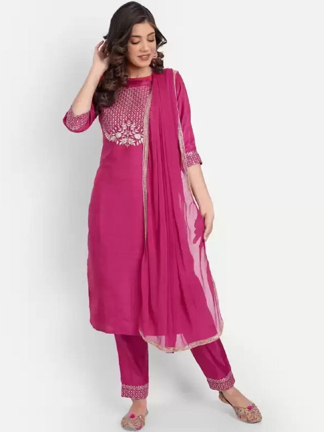 

BAESD Women Floral Yoke Design Regular Sequinned Kurta with Trousers & With Dupatta, Pink