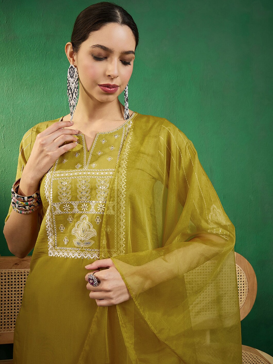 

Sangria Embroidered Straight Kurta With Trouser & Dupatta, Mustard