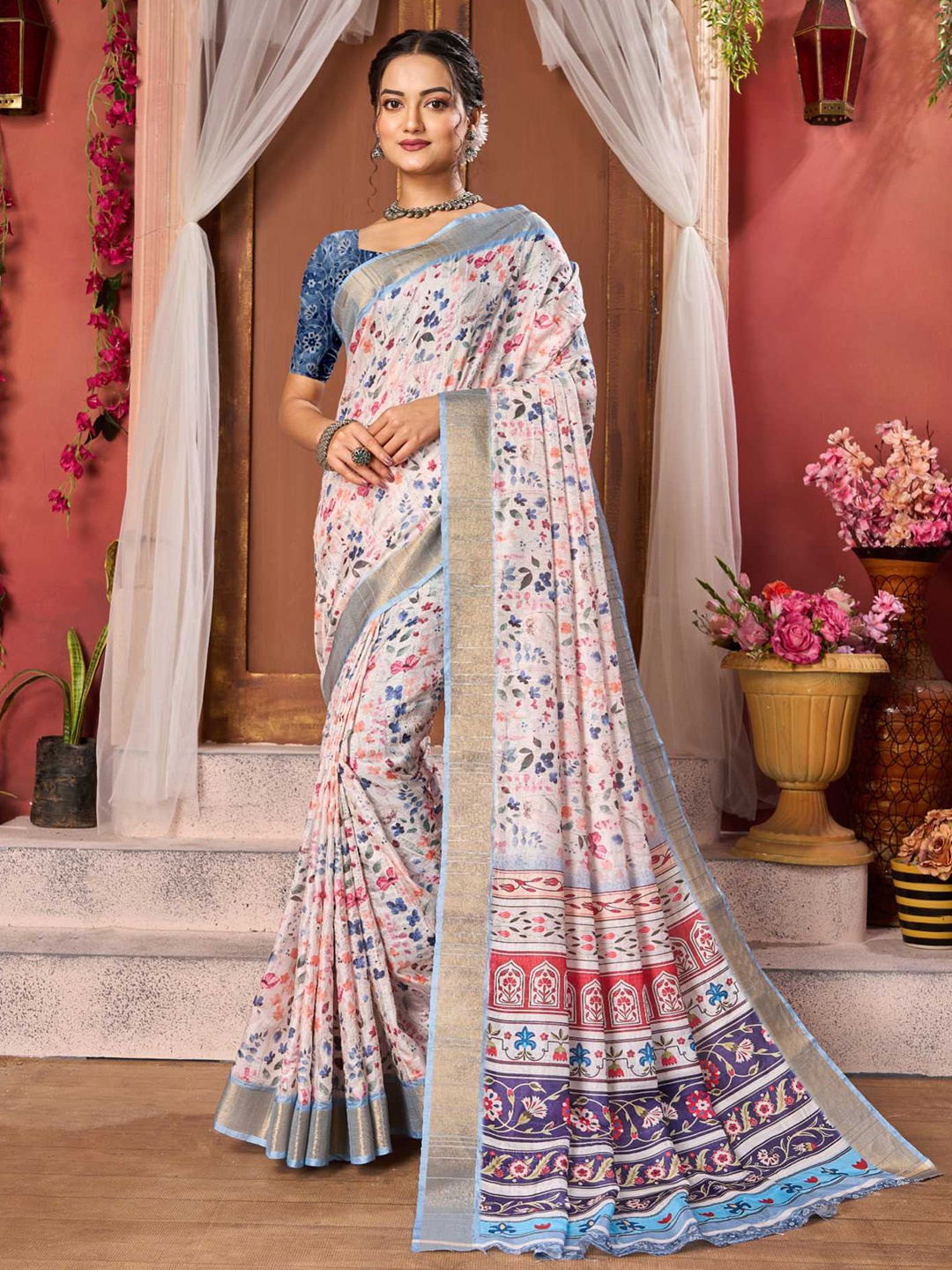 

KALINI Floral Zari Mysore Silk Saree, White