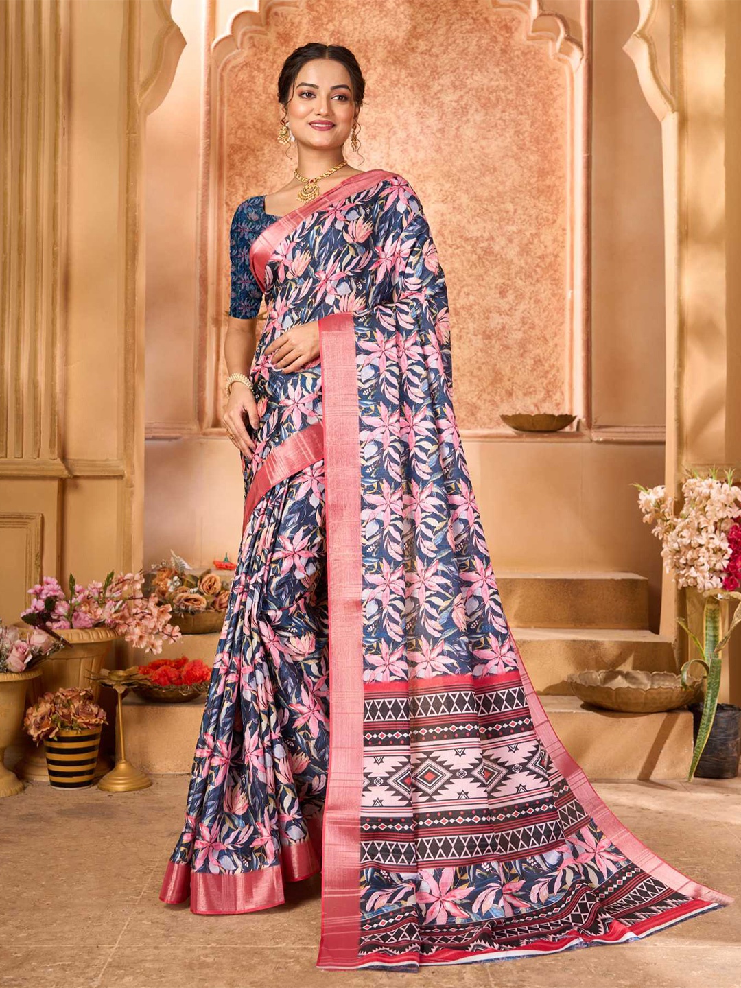 

KALINI Floral Zari Mysore Silk Saree, Blue