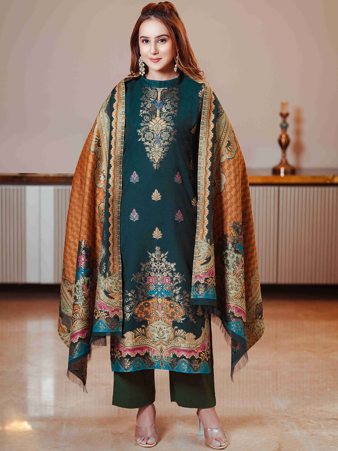 

KIDAR Women Ethnic Motifs Printed Regular Pure Cotton Kurta with Salwar & With Dupatta, Green