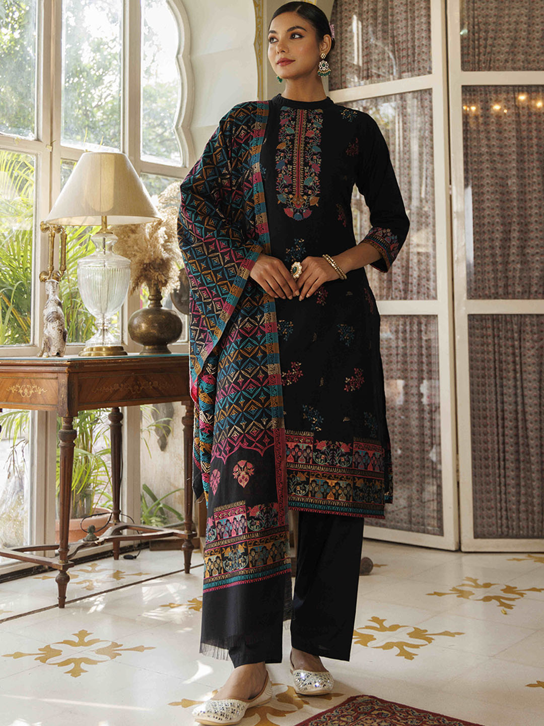 

KIDAR Women Ethnic Motifs Regular Pure Cotton Kurta with Salwar & With Dupatta, Black