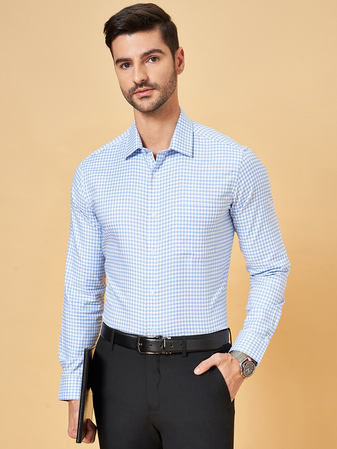 

BYFORD by Pantaloons Slim Fit Grid Tattersall Checks Opaque Cotton Formal Shirt, Blue