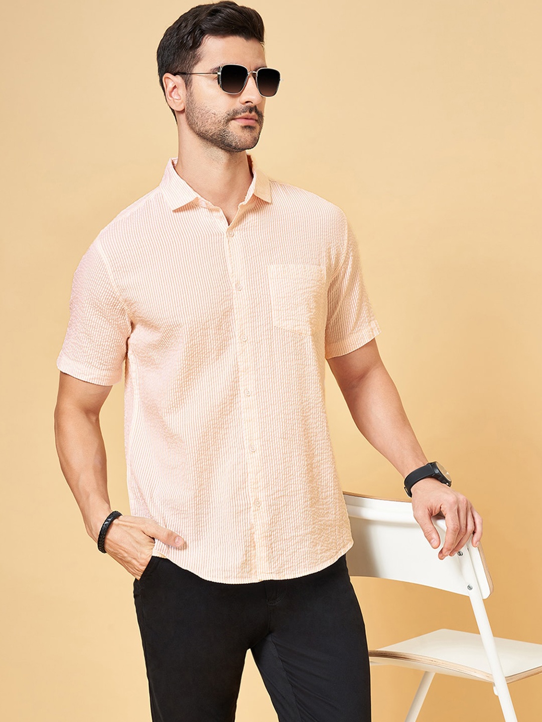 

BYFORD by Pantaloons Abstract Spread Collar Short Sleeves Cotton Casual Shirt, Peach