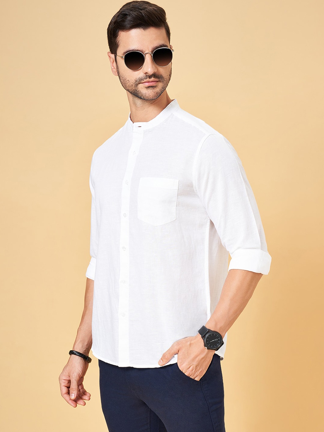 

BYFORD by Pantaloons Mandarin Collar Long Sleeves Cotton Casual Shirt, White