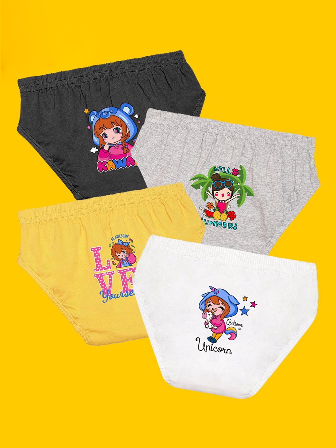 

NUSYL Girls Pack Of 4 Printed Pure Cotton Basic Briefs NUGCBRFPO4.0004, Black