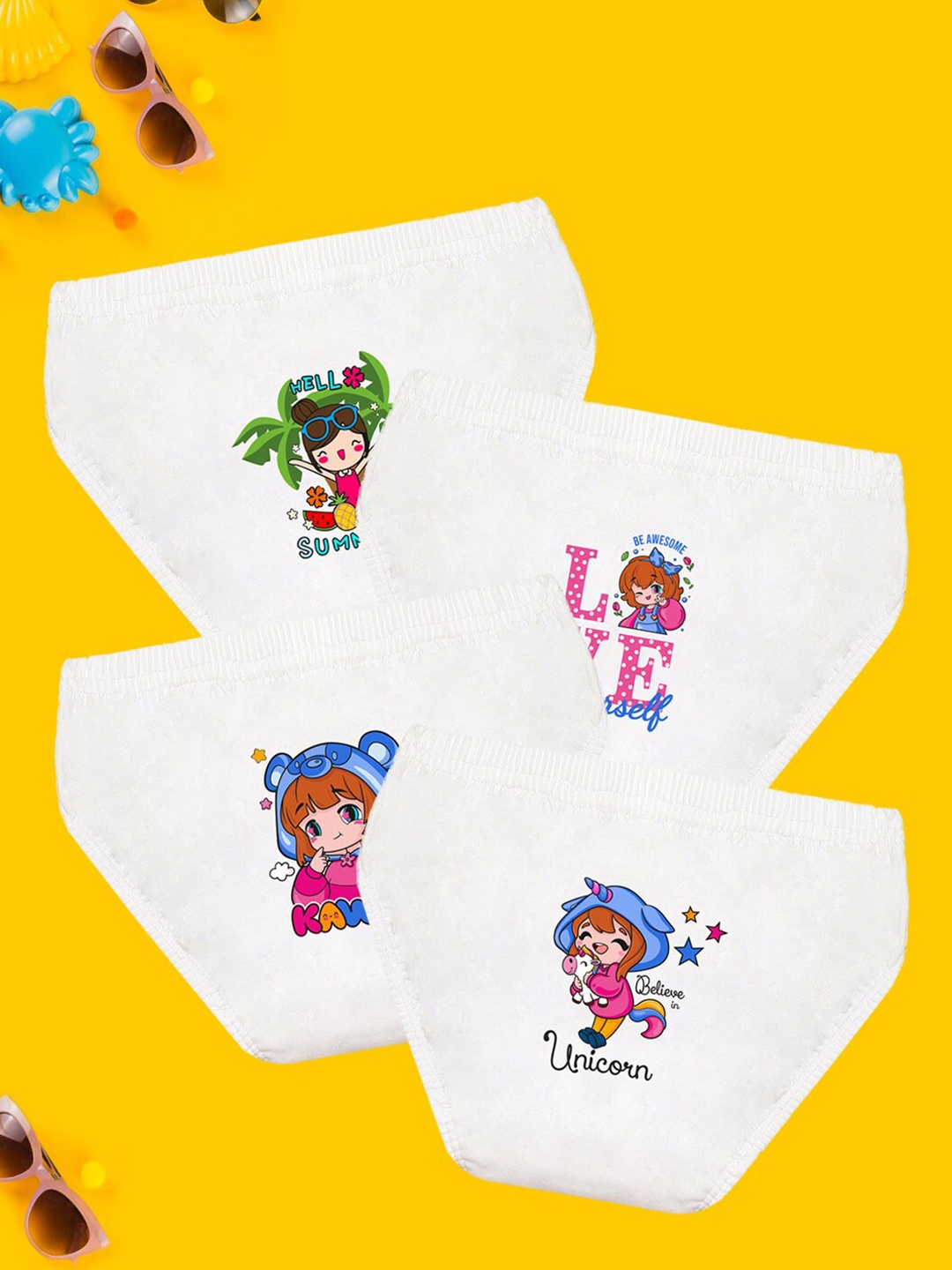 

NUSYL Girls Pack Of 4 Printed Pure Cotton Briefs NUGCBRFPO4.0003, White