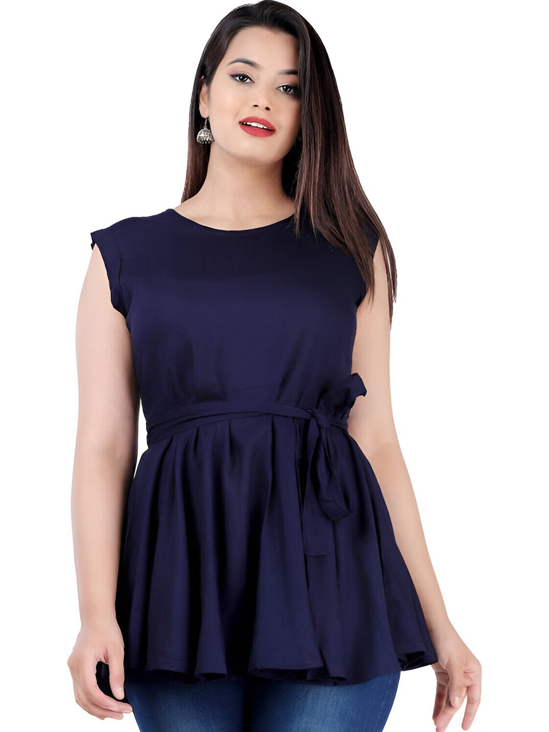

Fab Star Round Neck Sleeveless Cinched Waist Longline Top, Navy blue