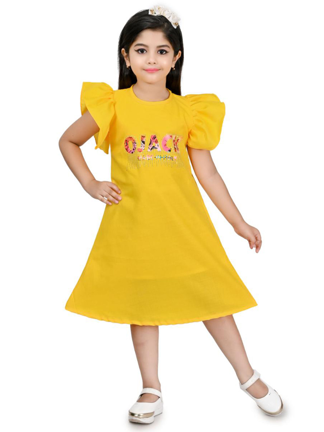 

BAESD Girls Round Neck Print Flutter Sleeve A-Line Dress, Yellow