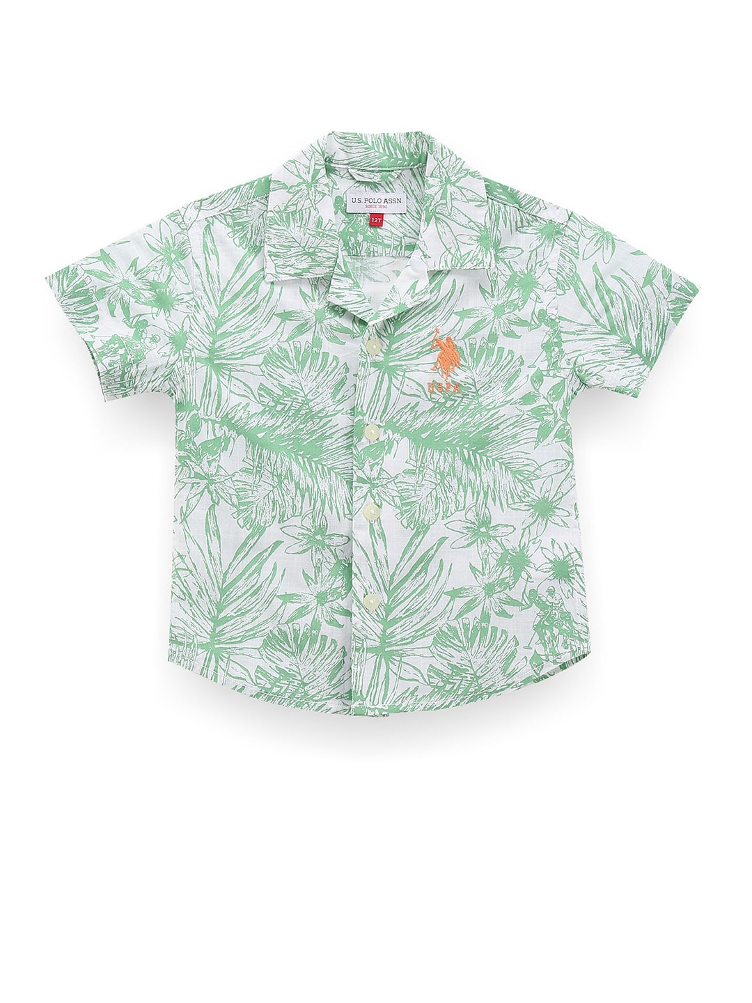 

U.S. Polo Assn. Kids Boys Classic Fit Tropical Printed Cuban Collar Cotton Casual Shirt, Green