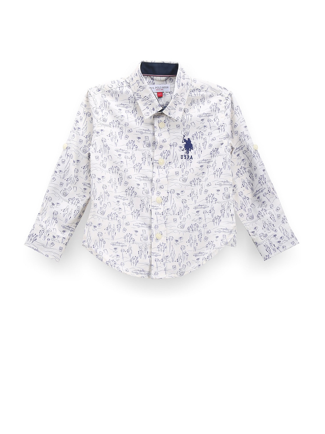 

U.S. Polo Assn. Kids Boys Classic Fit Conversational Printed Roll-Up Sleeves Casual Shirt, White