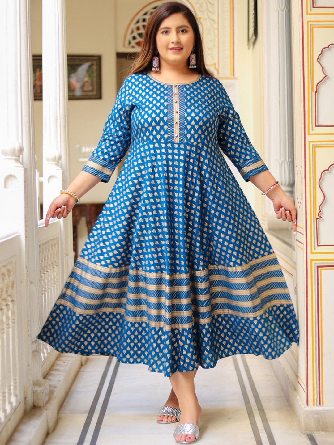 

KALINI Plus Size Ethnic Motifs Printed Anarkali Kurta, Blue