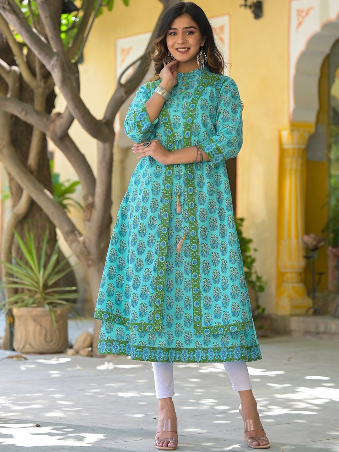 

KALINI Printed Keyhole Neck Cotton Kurta, Blue