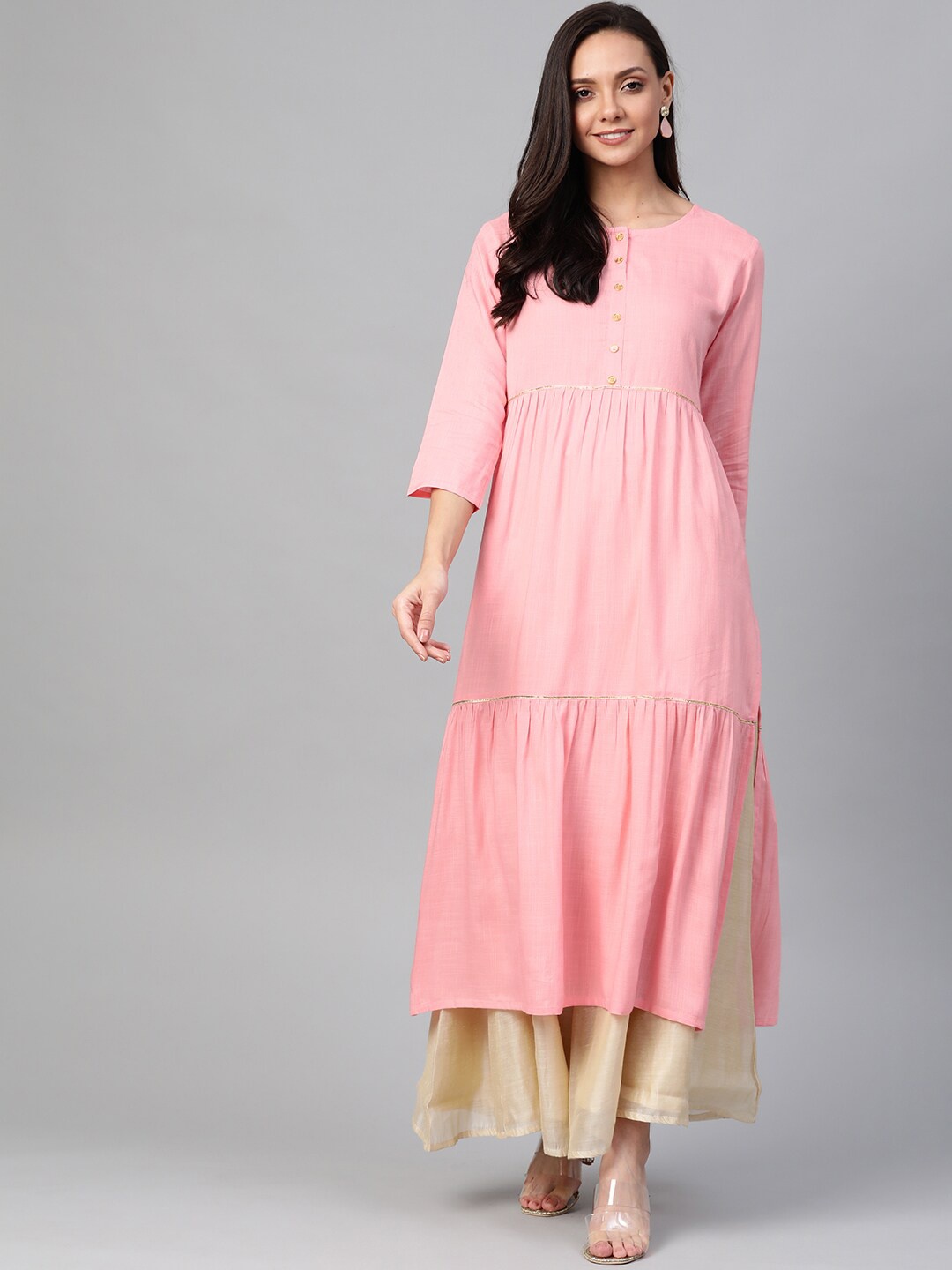 

KALINI Round Neck Thread Work Anarkali Kurta, Pink