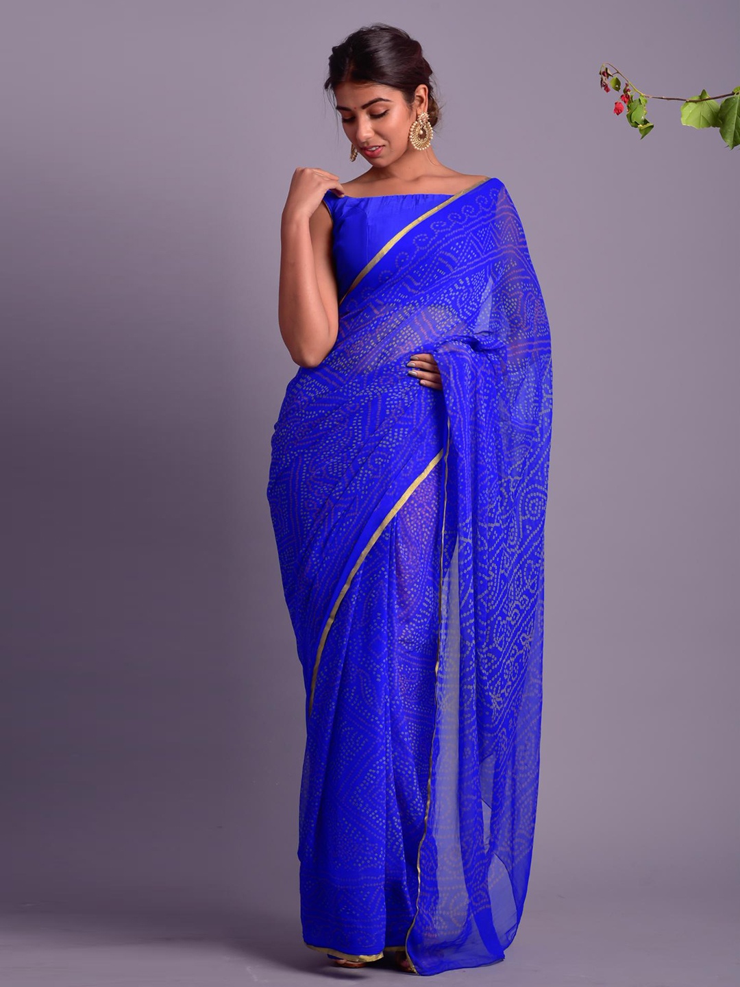 

Rangpur Bandhani Zari Pure Chiffon Bandhani Saree, Blue