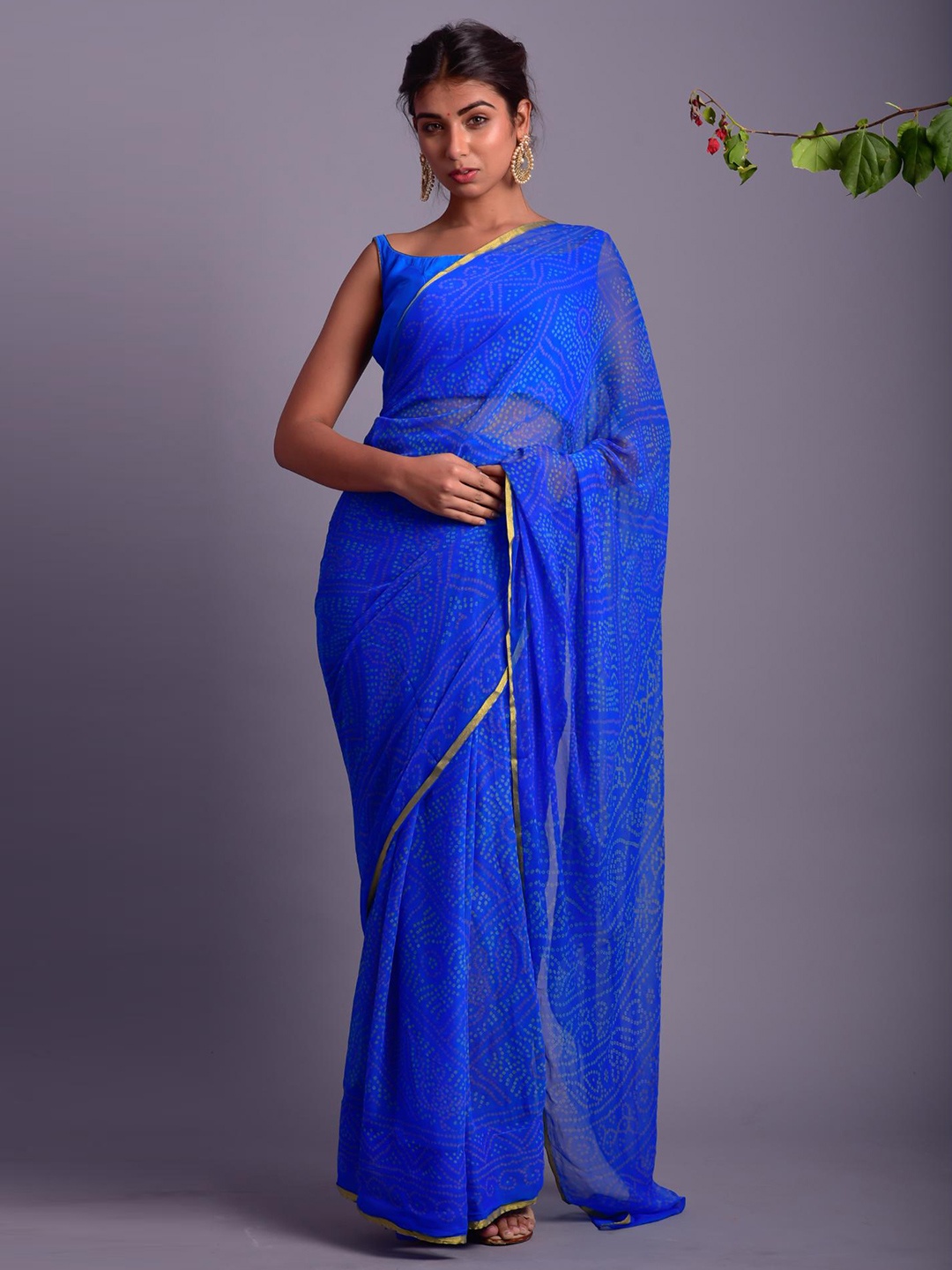 

Rangpur Bandhani Zari Pure Chiffon Bandhani Saree, Blue