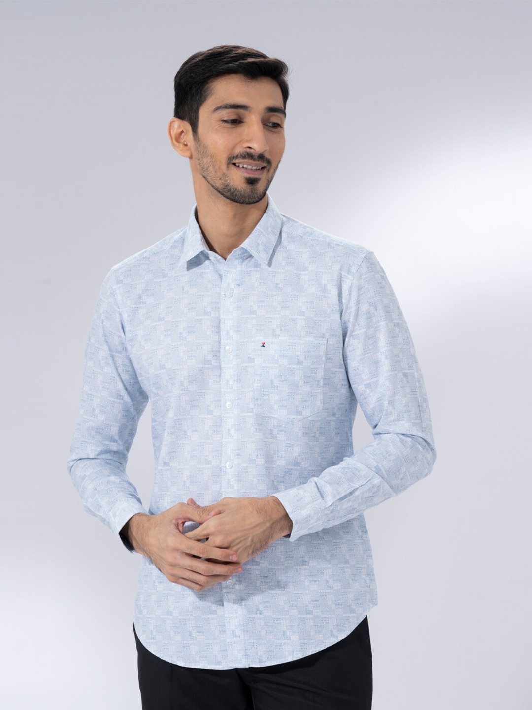 

Sero Spread Collar Long Sleeves Smart Tailored Fit Abstract Printed Cotton Formal Shirt, Blue