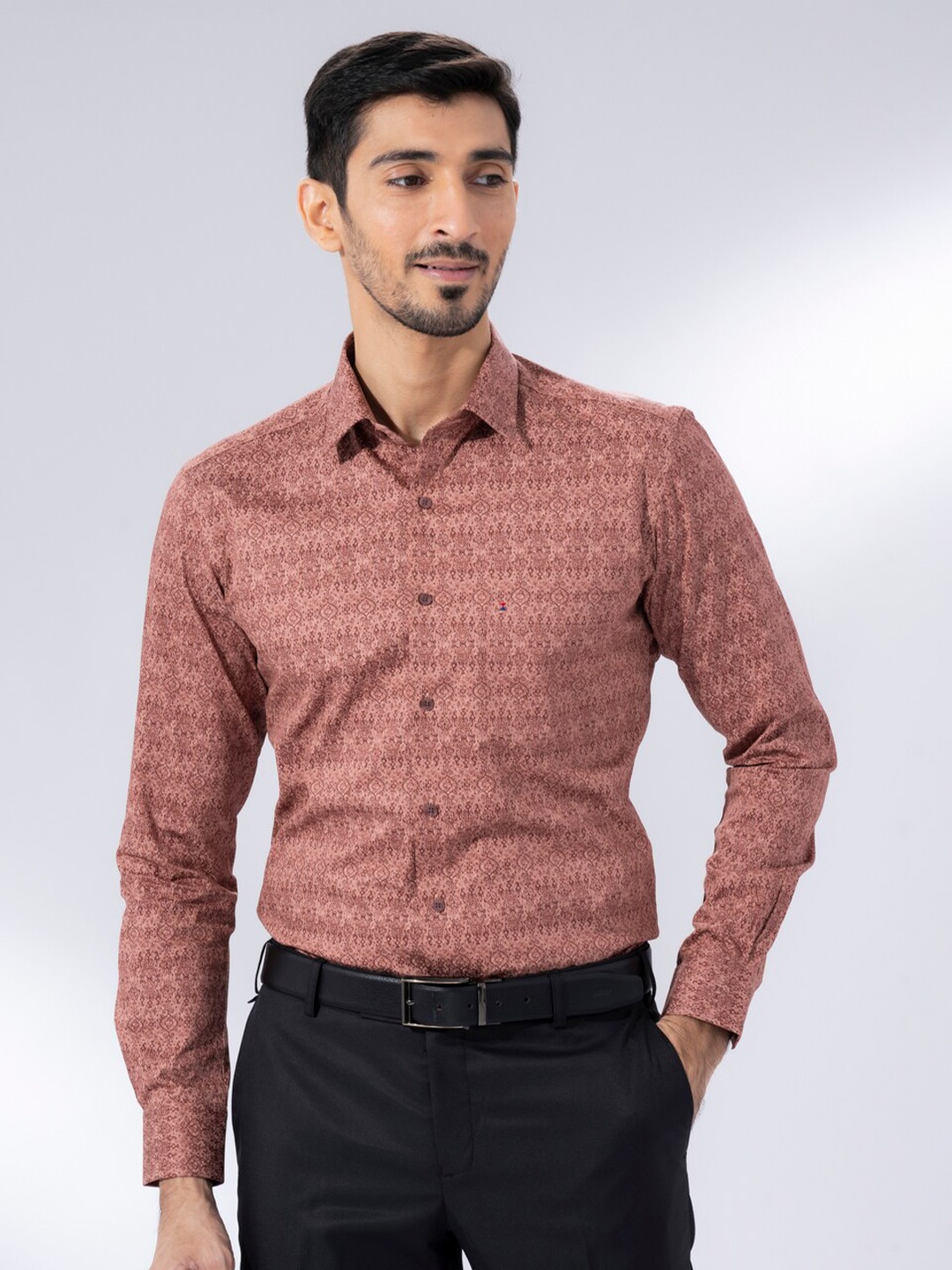 

Sero Spread Collar Long Sleeves Smart Tailored Fit Ethnic Printed Cotton Formal Shirt, Rust