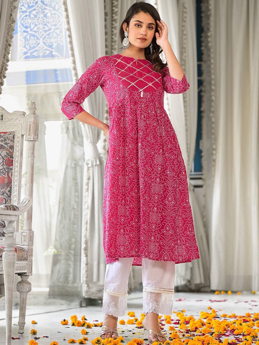 

Varanga Fuchsia Ethnic Motifs Printed Gotta Patti Cotton Pleated A-Line Kurta