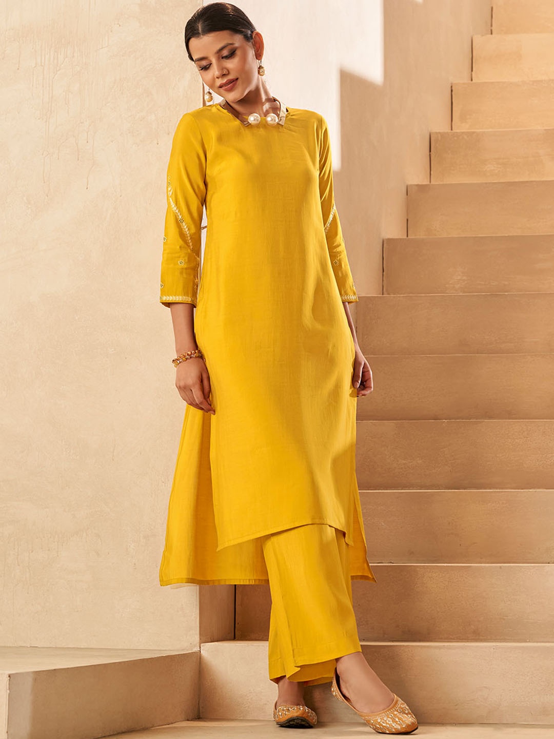 

DRESOUL Women Embroidered Regular Raw Silk Kurta with Pyjamas, Mustard