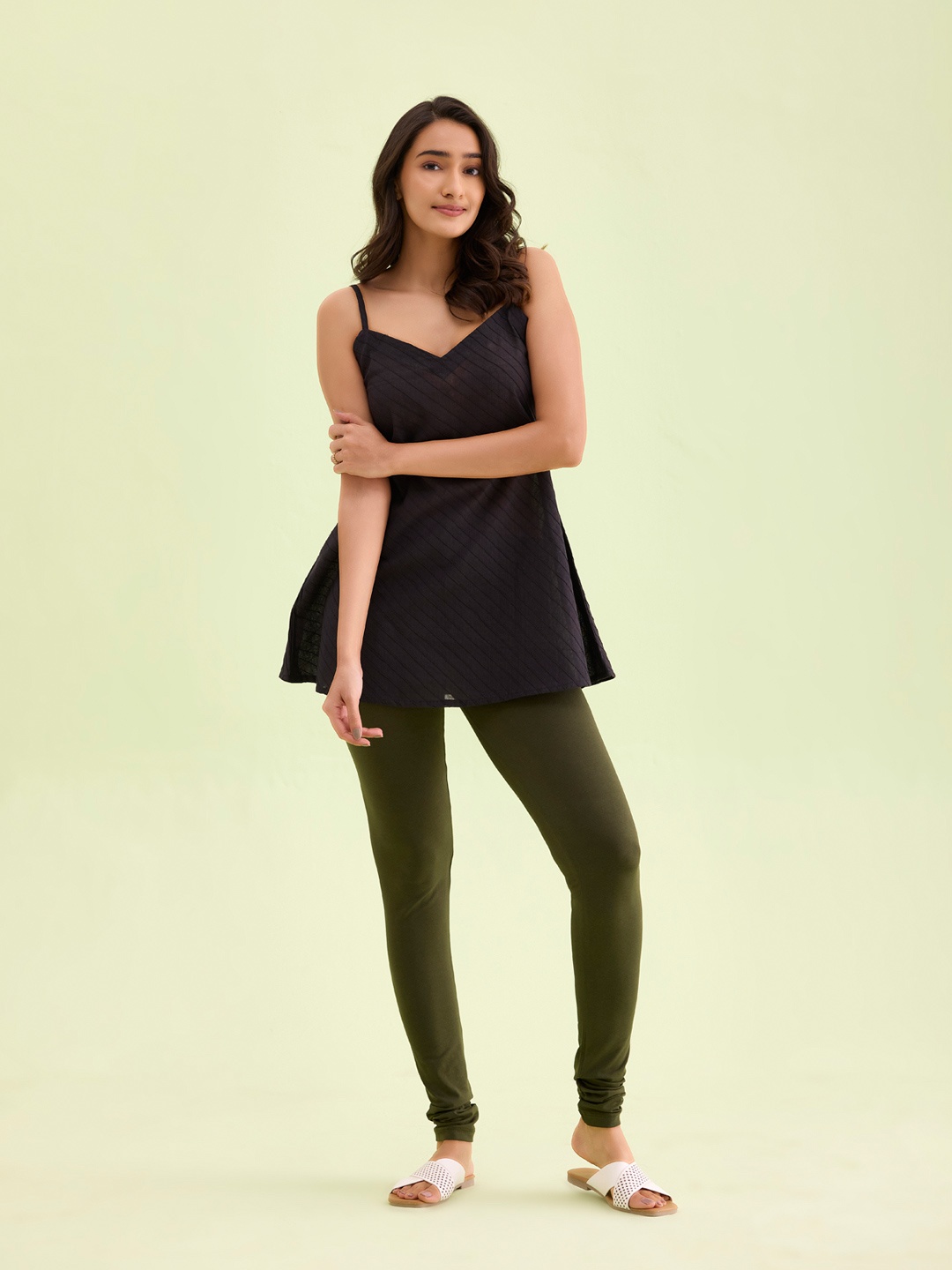 Go Colors Cotton Churidar-Length Leggings, Olive
