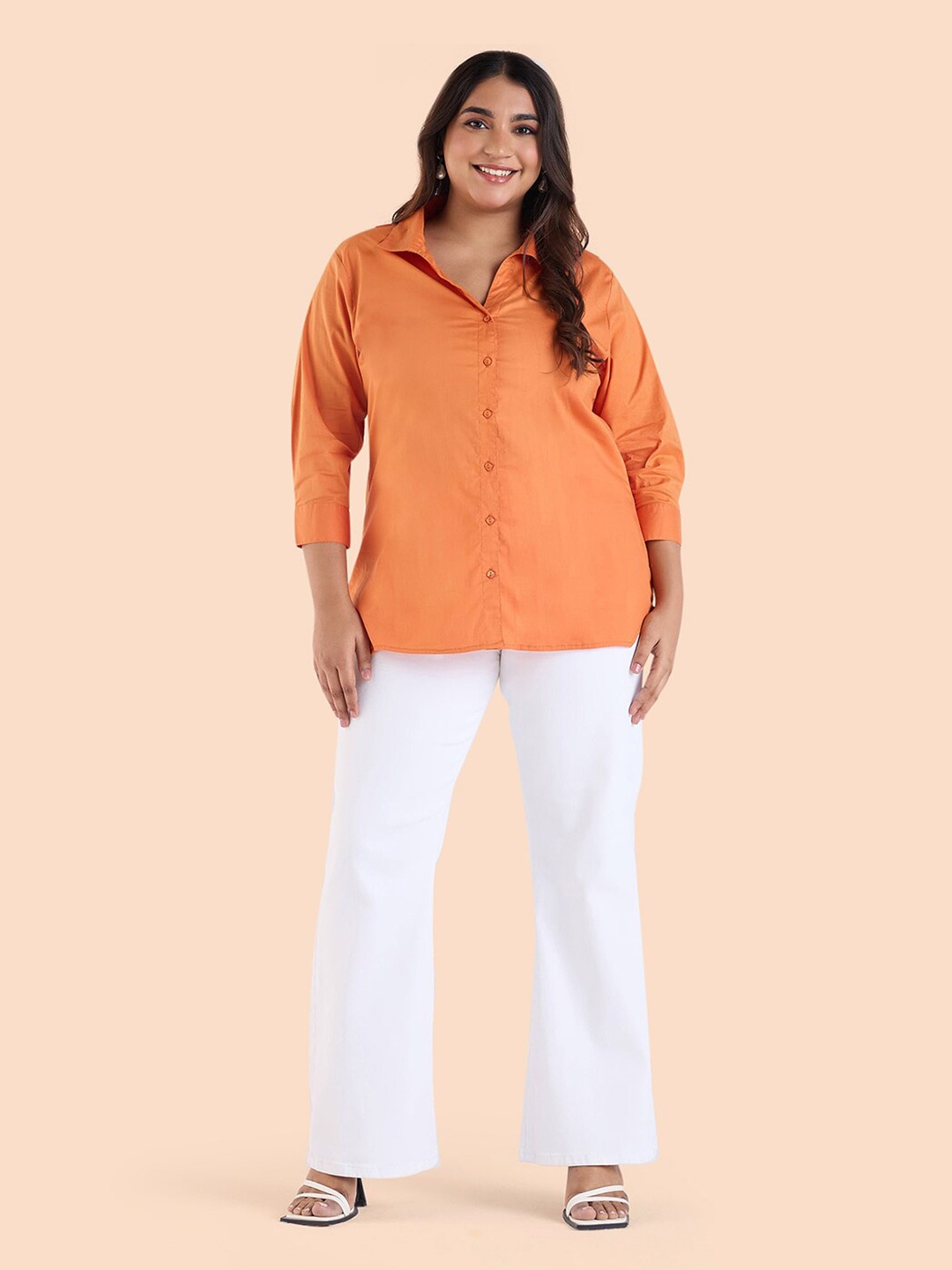 

Big Hello - The Plus Life Spread Collar Cotton Casual Shirt, Orange