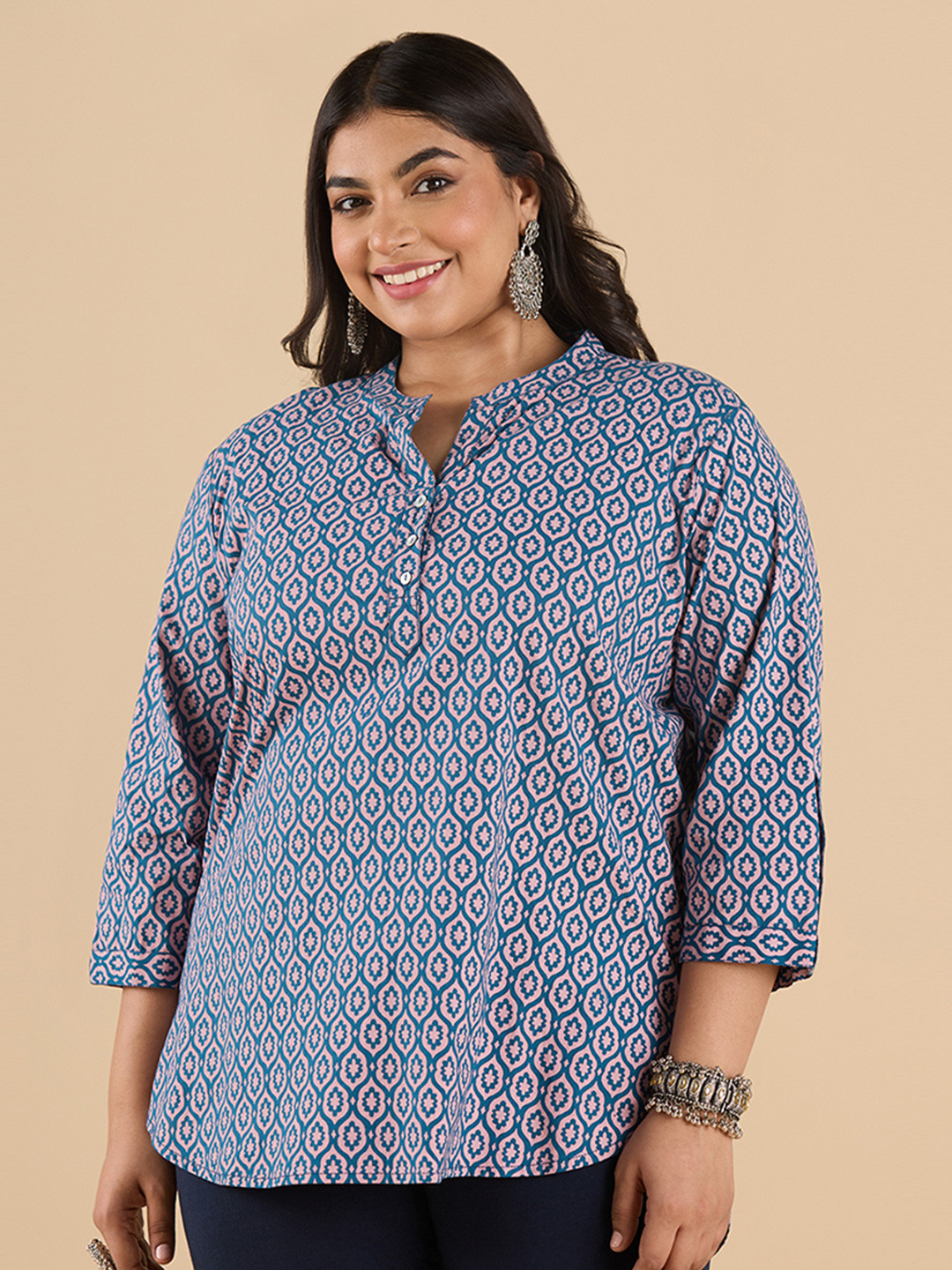 

Big Hello - The Plus Life Ethnic Motifs Printed V-Neck Pure Cotton Kurti, Blue