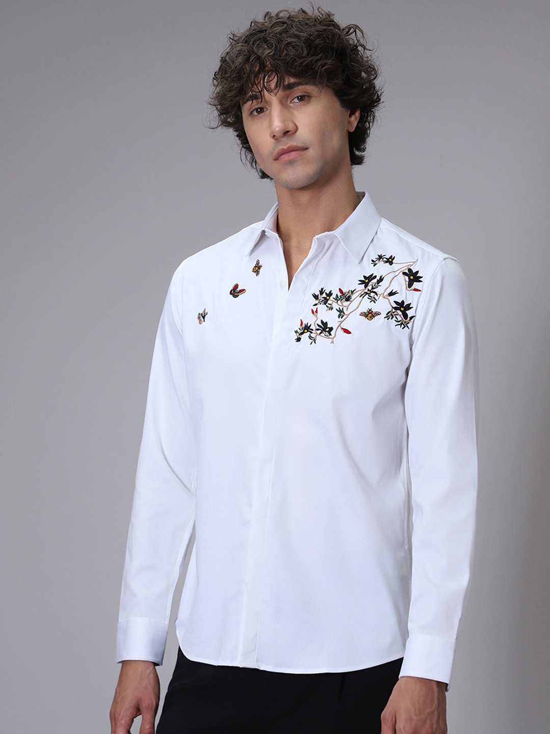 

Banana Club Premium Slim Fit Needle Work Party Shirt, White