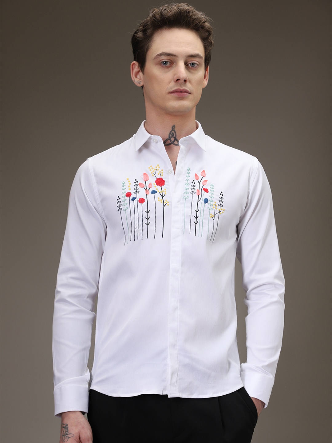 Banana Club Premium Slim Fit Floral Artistry Party Shirt, White