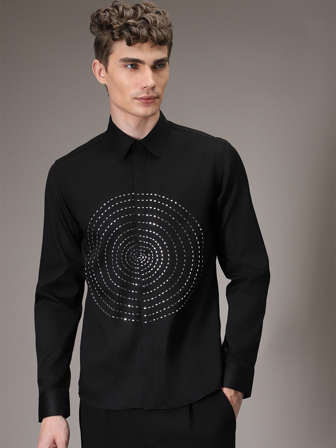 Banana Club Premium Slim Fit Embellished Casual Shirt, Black