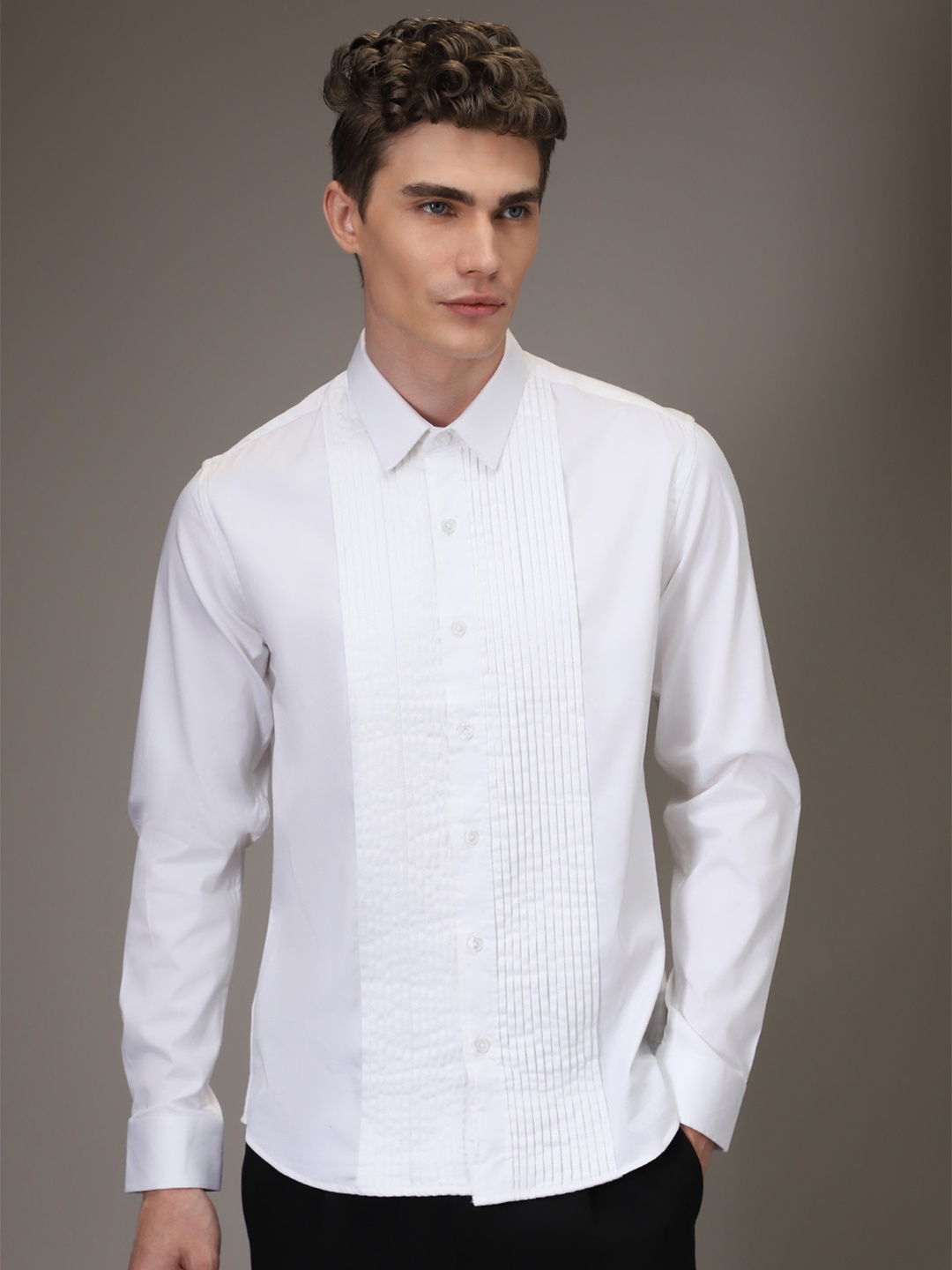 Banana Club Premium Slim Fit Pleated Casual Shirt, White