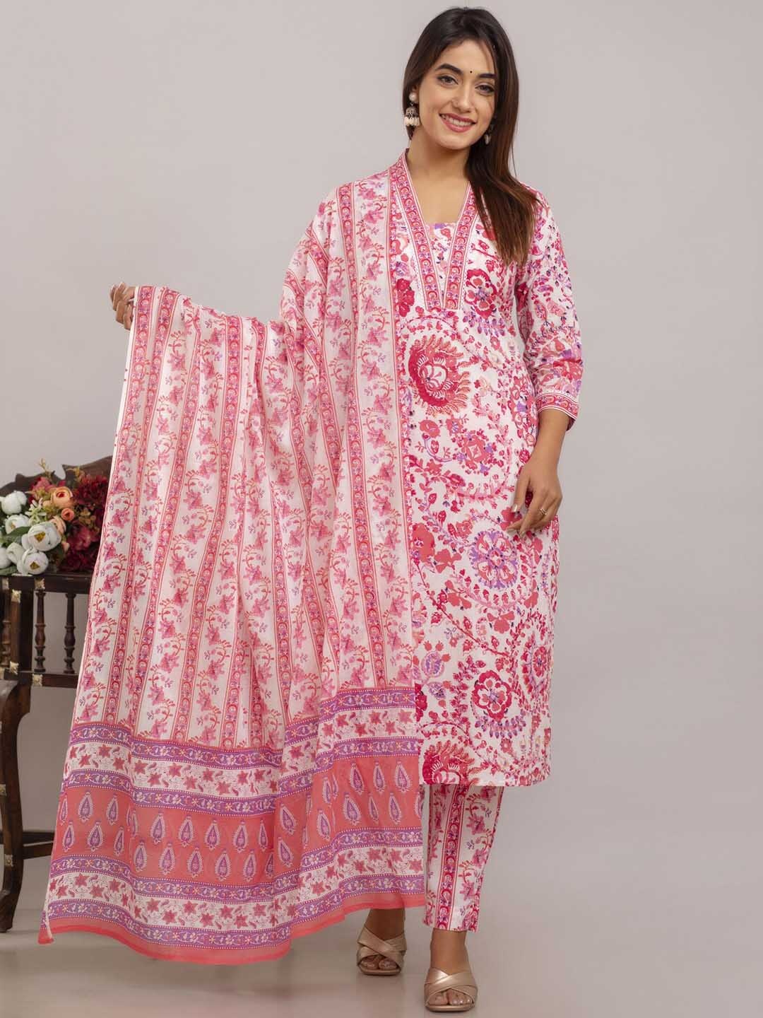 Readiprint Women Printed Regular Pure Cotton Kurta with Trousers & With Dupatta, Pink